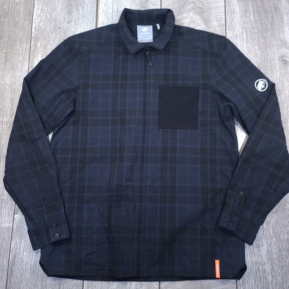 Mammut Winter Zip Shirt Mens Large Blue Black Plaid Long Sleeve Pocket Logo